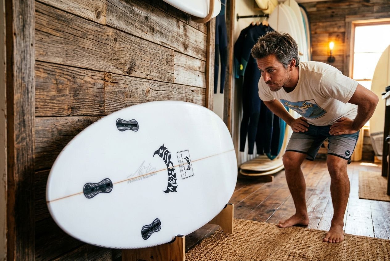Man schaut auf ein längliches Surfbrett, das auf einem Ständer im Surfshop oder Zuhause steht, während eine Person daneben gebeugt zuschaut. lches surfbrett passt zu mir