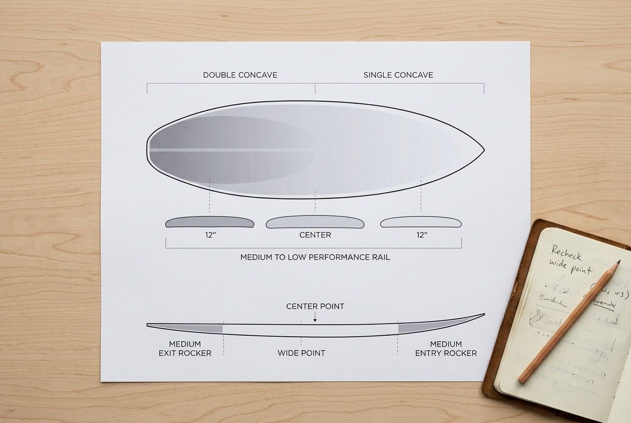 Schéma montrant la silhouette d’une planche de surf et ses cotes, avec des zones marquées pour double et single concave et le point central, posé à côté d’un carnet et d’un crayon.