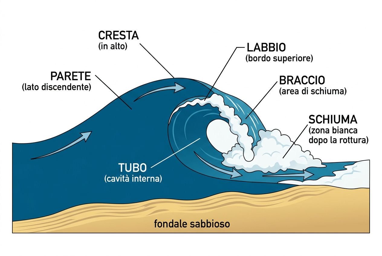 Schema di una onda da surf: etichette su cresta, parete, labbio, braccio, schiuma e tubo, con fondale sabbioso. Include indicazioni di parti dell'onda. come iniziare a fare surf: guida per principianti.