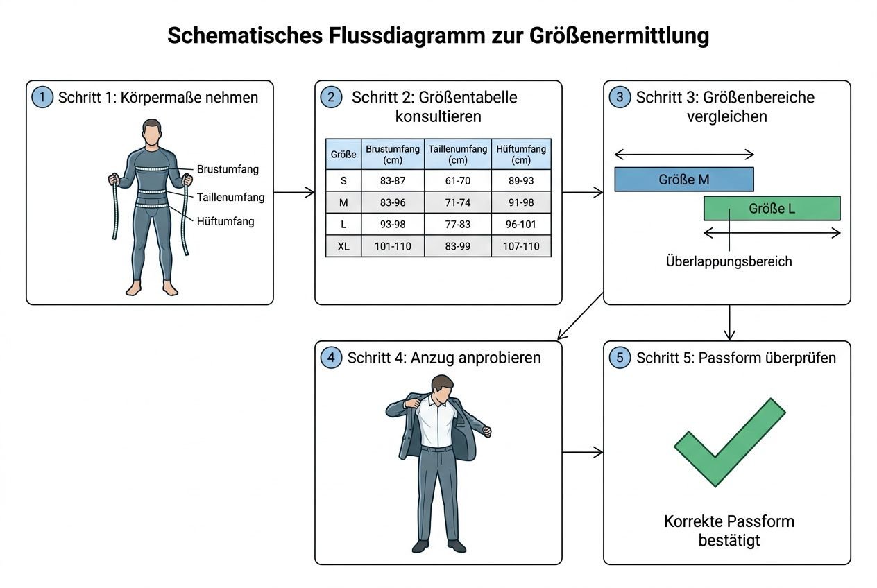 Schematisches Flussdiagramm zur Größenermittlung für Neoprenanzüge bei Herren, von Maßnehmen über Größentabelle bis Passformprüfung. includes Größenübersicht, Brustumfang, Taillenumfang und Hüftumfang. Neoprenanzug größentabelle herren.