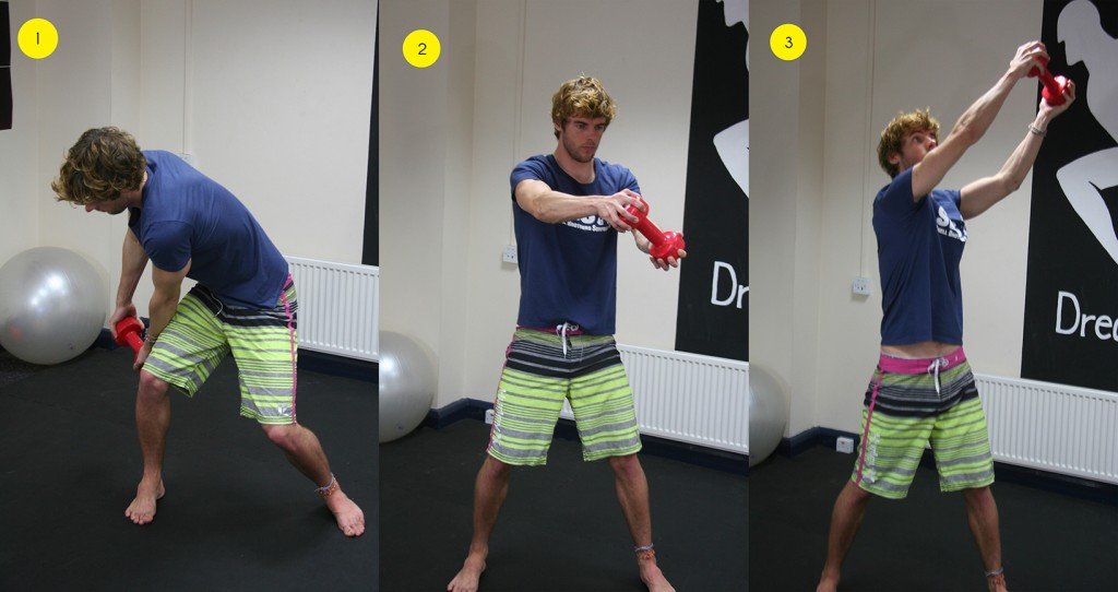 Sequence of three photos showing a young man in a blue T-shirt and striped shorts demonstrating a red exercise grip. Photo 1: bending, balancing on one leg with a grey exercise ball nearby. Photo 2: arms extended forward, gripping the red object, feet planted. Photo 3: arms raised above head, still holding the red grip, mid-motion against a wall with “Dre” branding in background.