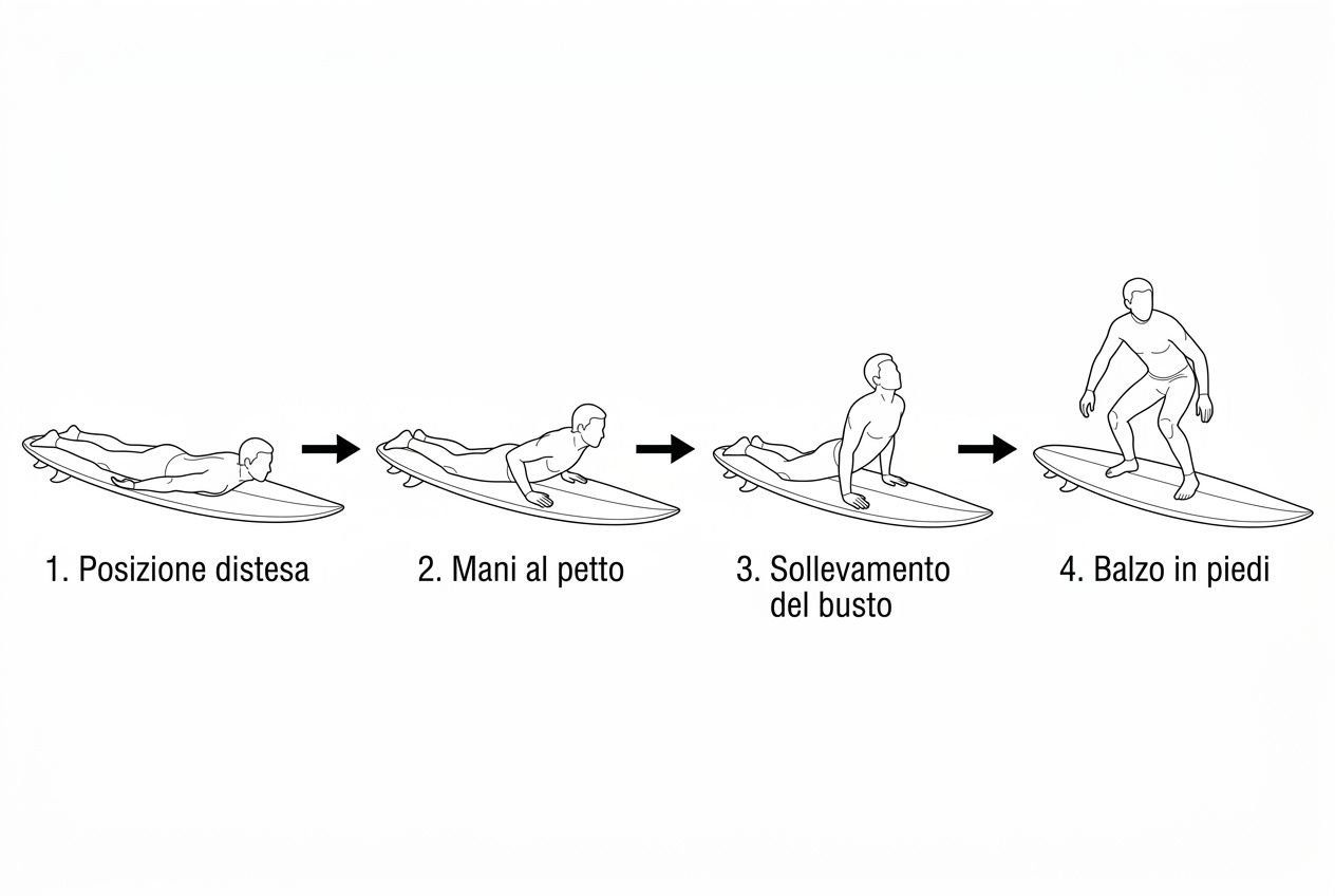 Sequenza illustrata per tecniche di surf per principianti: posizione distesa, mani al petto, sollevamento del busto e balzo in piedi sullo stand-up.
