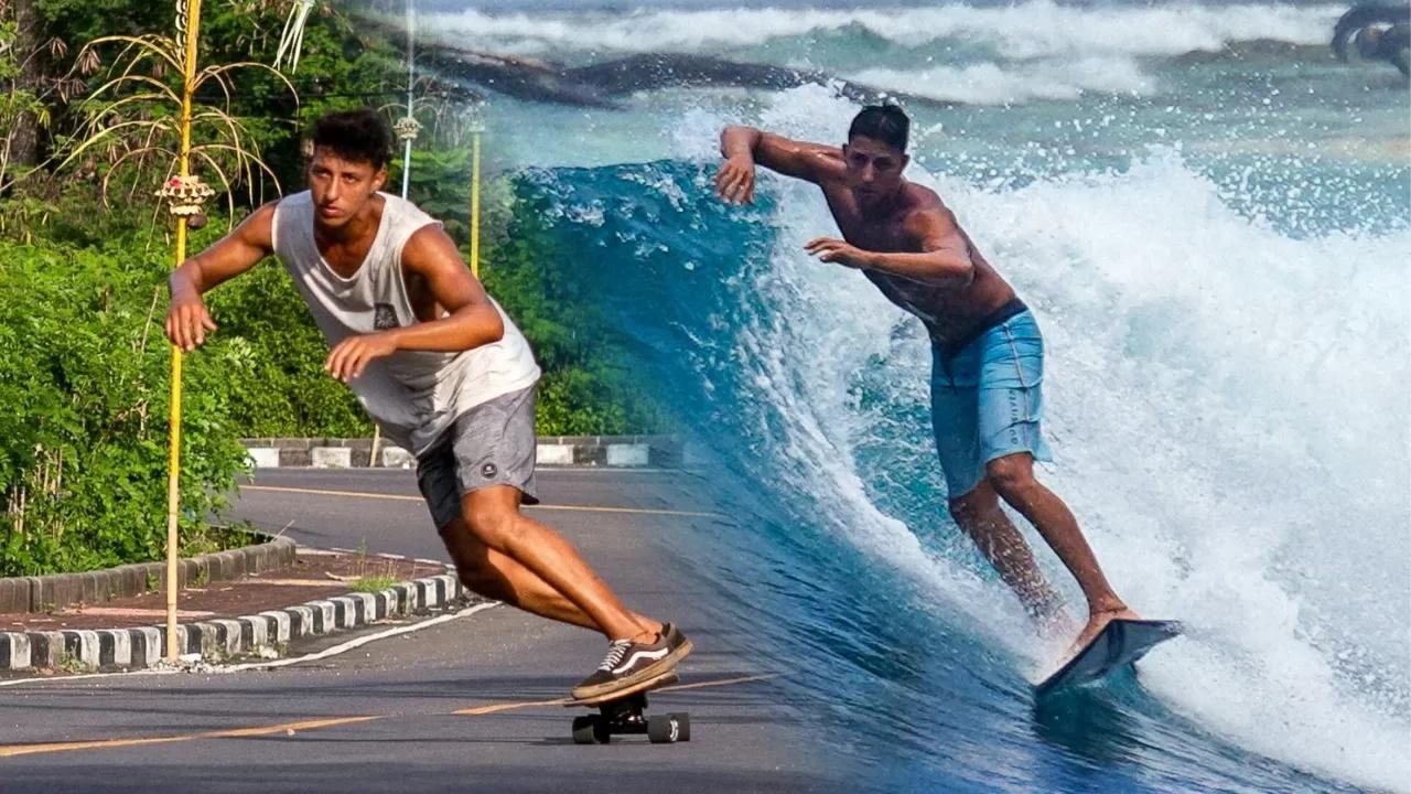 Skater fährt auf einer Straße; Surfer reitet eine hohe Welle : Titelbild kombiniert Skate- und Surf-Action.