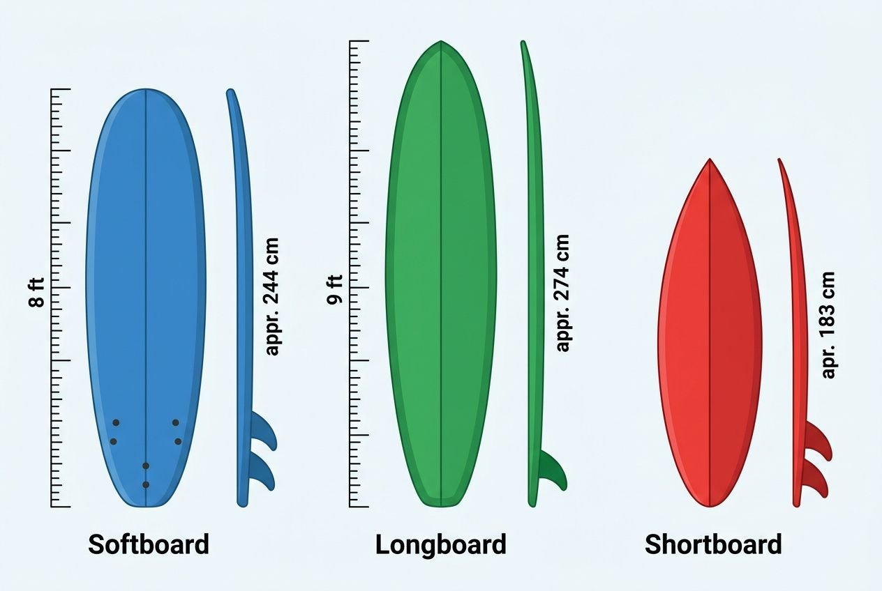 Softboard, Longboard und Shortboard nebeneinander mit Größenmaßstäben; Softboard ~8 ft und Surfset, Longboard ~9 ft, Shortboard ~6 ft. Volumenangaben ca. 244 cm, 274 cm, 183 cm. Welche Surfboard für 80kg Anfänger Wellen.