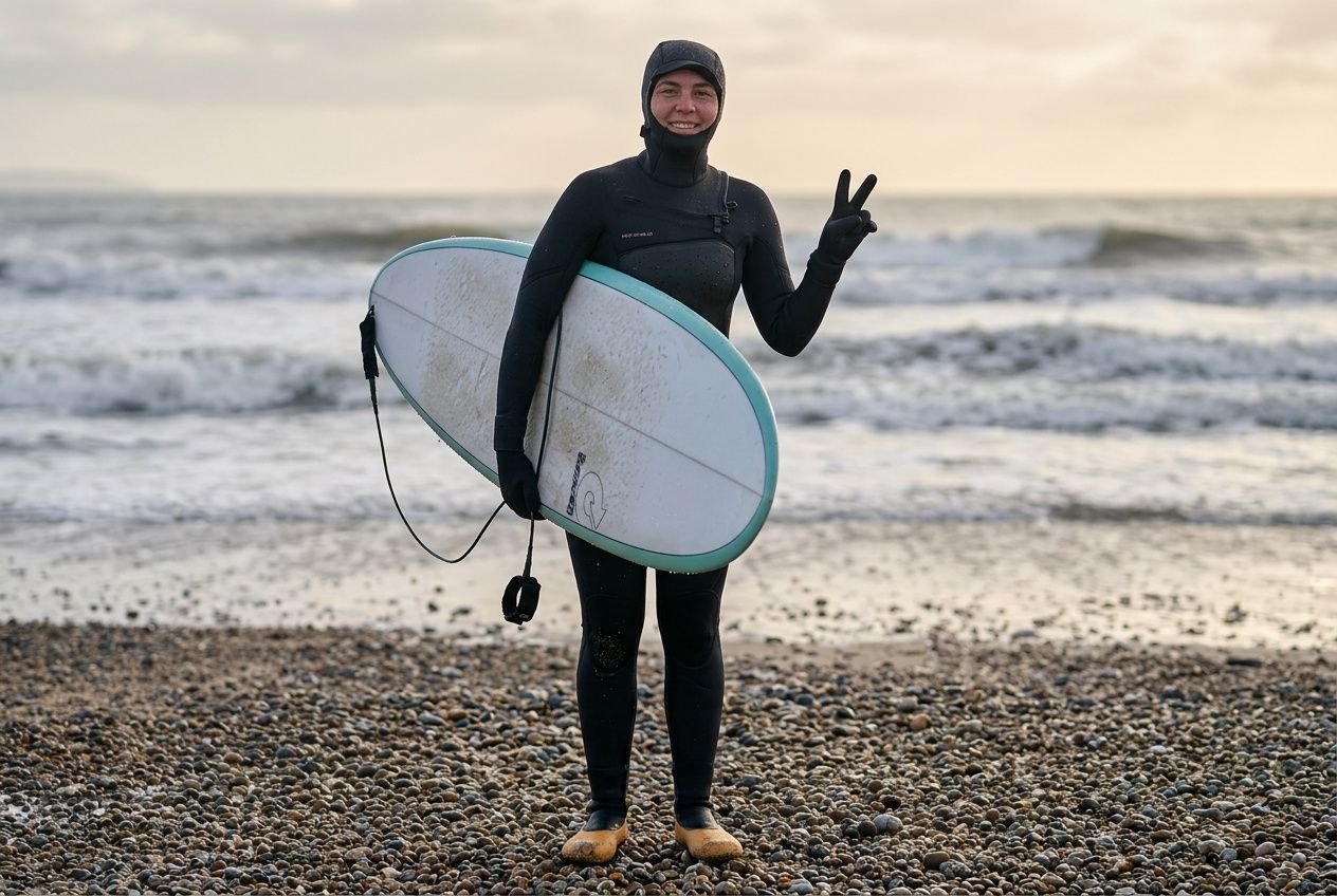 Surf surfer in a full wetsuit on a rocky beach, holding a shortboard and flashing a peace sign, wetsuit thickness guide uk.