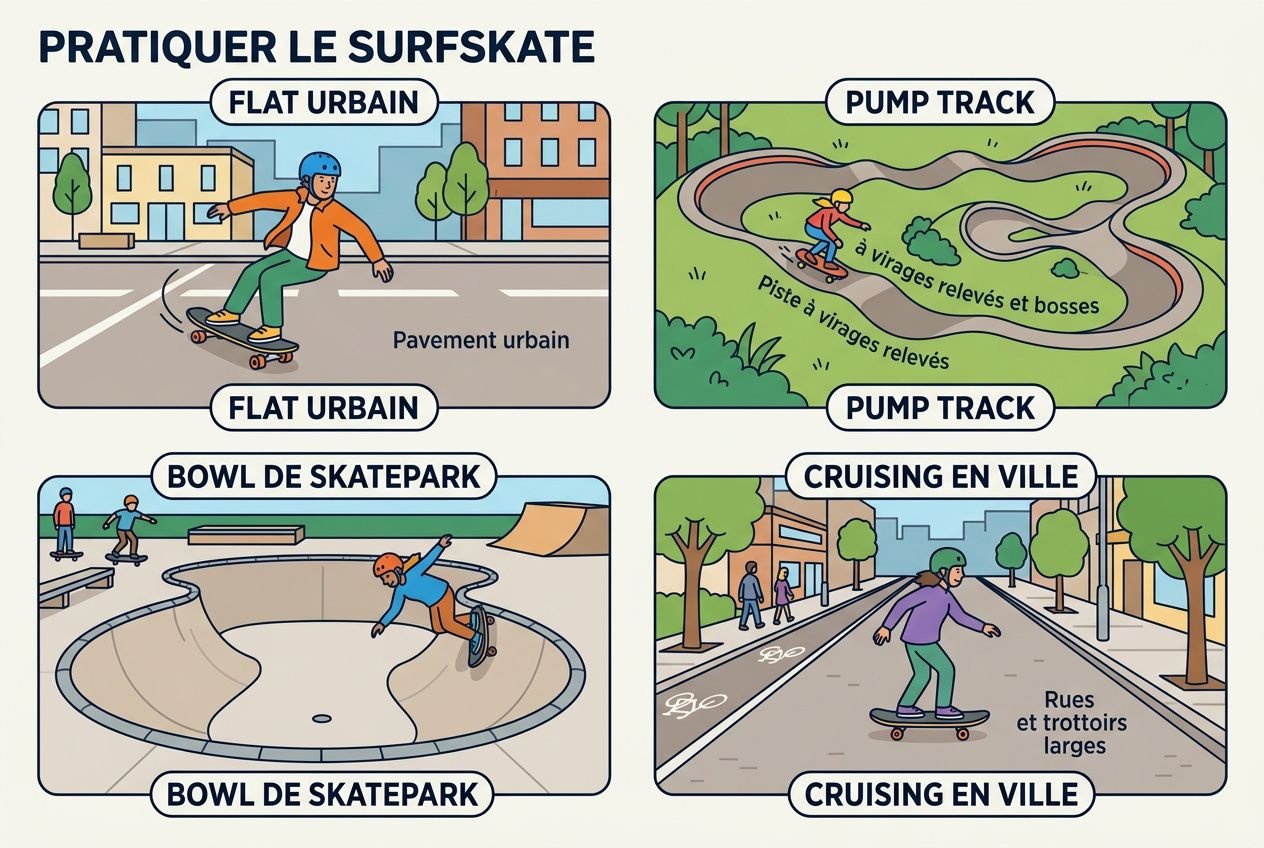 Surface montrant différentes pratiques du surfskate, dont le flat urbain et le pump track, plus le bowl et la balade en ville, avec trucks pivotants et roues adaptées. Surfskate c'est quoi: guide illustré des zones et sensations.