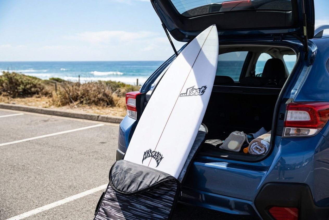 Surfboard adherida al borde de la maleta trasera de un coche, con funda o bolsa acolchada y accesorios de playa dentro. Cómo se llama la funda de tabla de surf: tipos y usos.