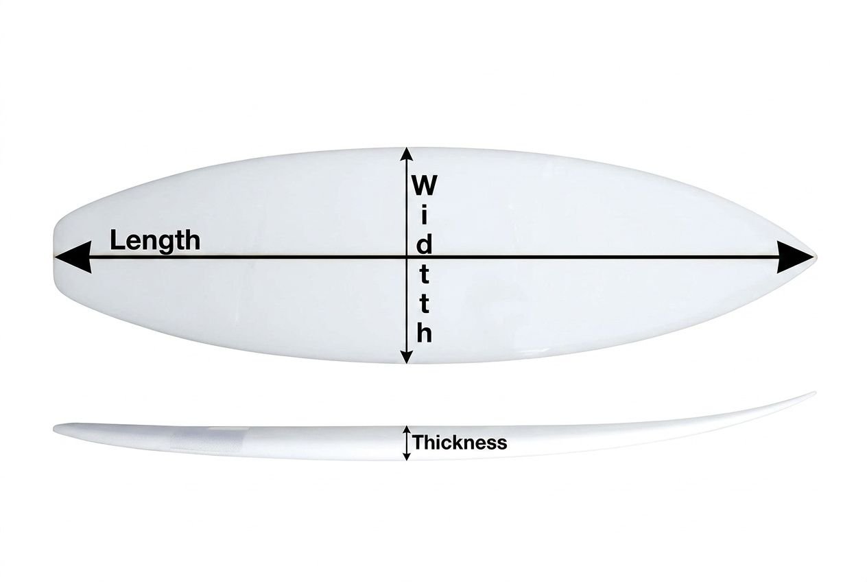 Surfboard diagram showing length, width, thickness with vertical indicators; side view highlights thickness measurement. Surfboard thickness and volume explained for beginners text integrated.