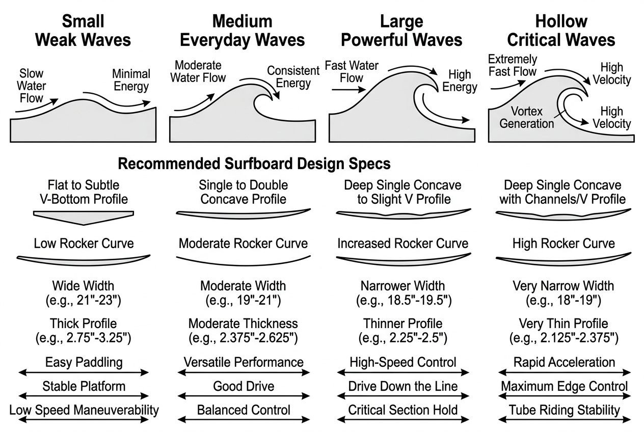 Surfboard shapes explained: four diagrams show small/medium/large waves and hollow/critical waves with flow arrows; below are recommended surfboard design specs including profile shapes, rocker curves, width, thickness, paddling ease, stability, and maneuverability.