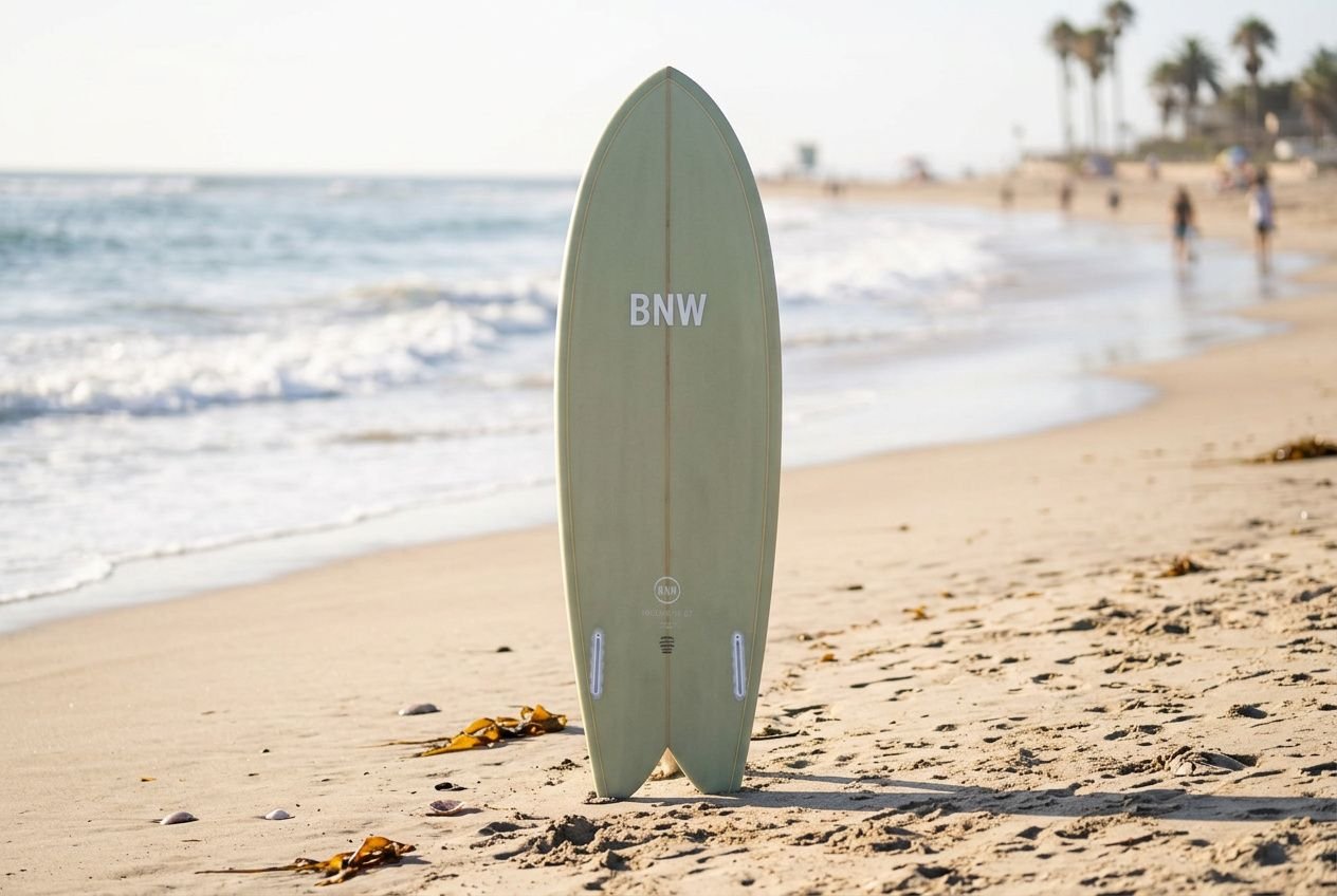 Surfboard standing upright in sandy beach with gentle waves; a calm seaside scene for learning to surf at any age, including is 40 too late to learn to surf.