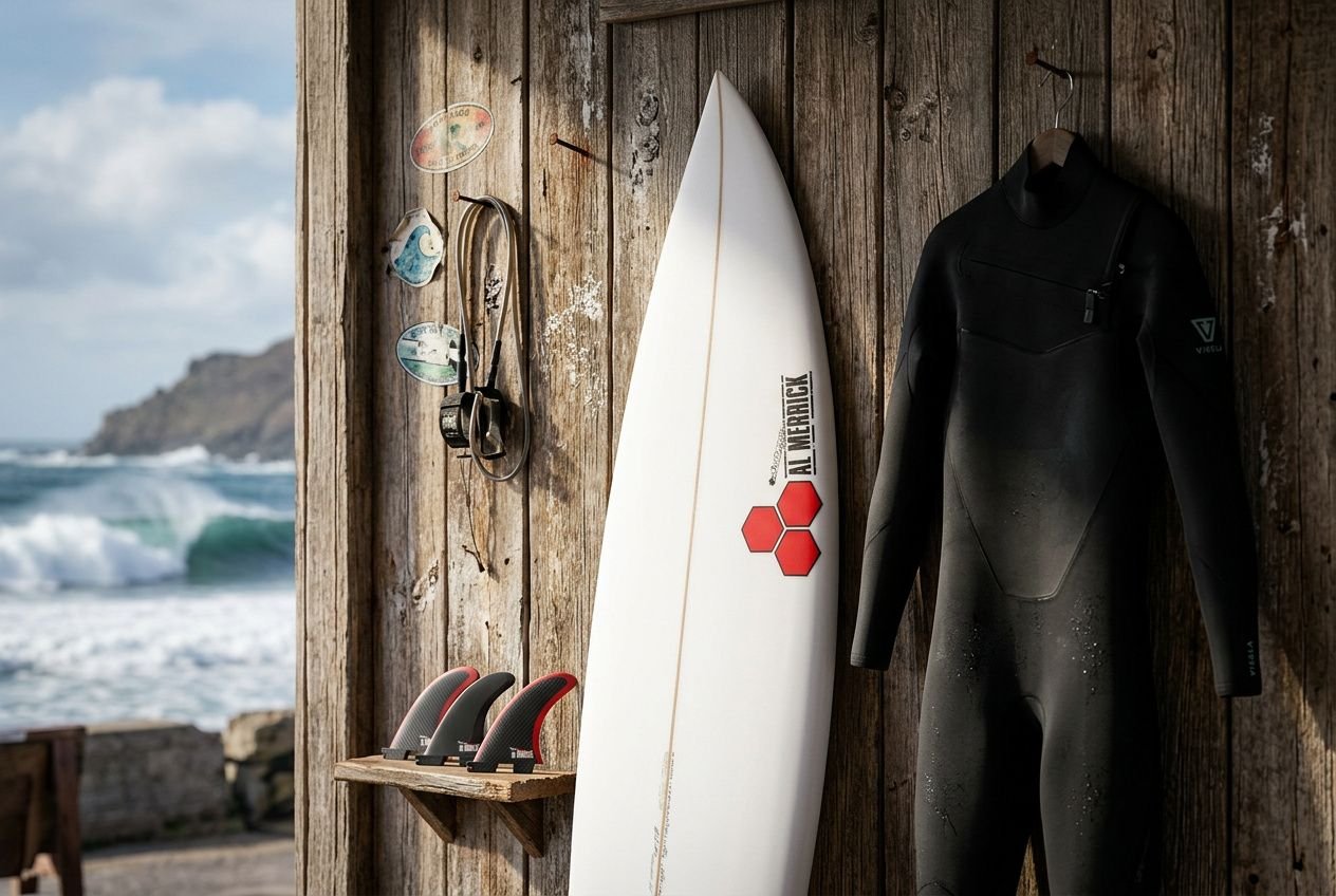 Surfboard, wetsuit, and surf gear hanging by a wooden wall with a beach and waves in the background, illustrating the difference between surfboard shapes.