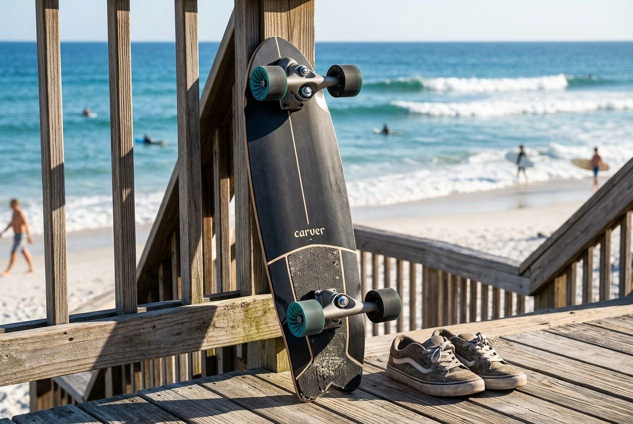 Surfbord auf Holztreppe am Strand mit Schuhen daneben, Meer im Hintergrund, surfskate fahren lernen tipps passend zum Anfängerkontext.