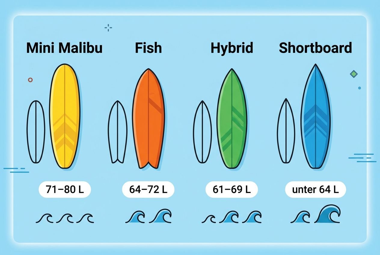 Surfbrett-Volumen: Größenübersicht von Mini Malibu bis Shortboard mit Längenangaben und Wellen-Icons. Surfbretter je nach Typ: Unter 64 L bis 71–80 L. Surfbrett volumen berechnen im Bild nicht direkt sichtbar. Keywort integriert: surfbrett volumen berechnen.