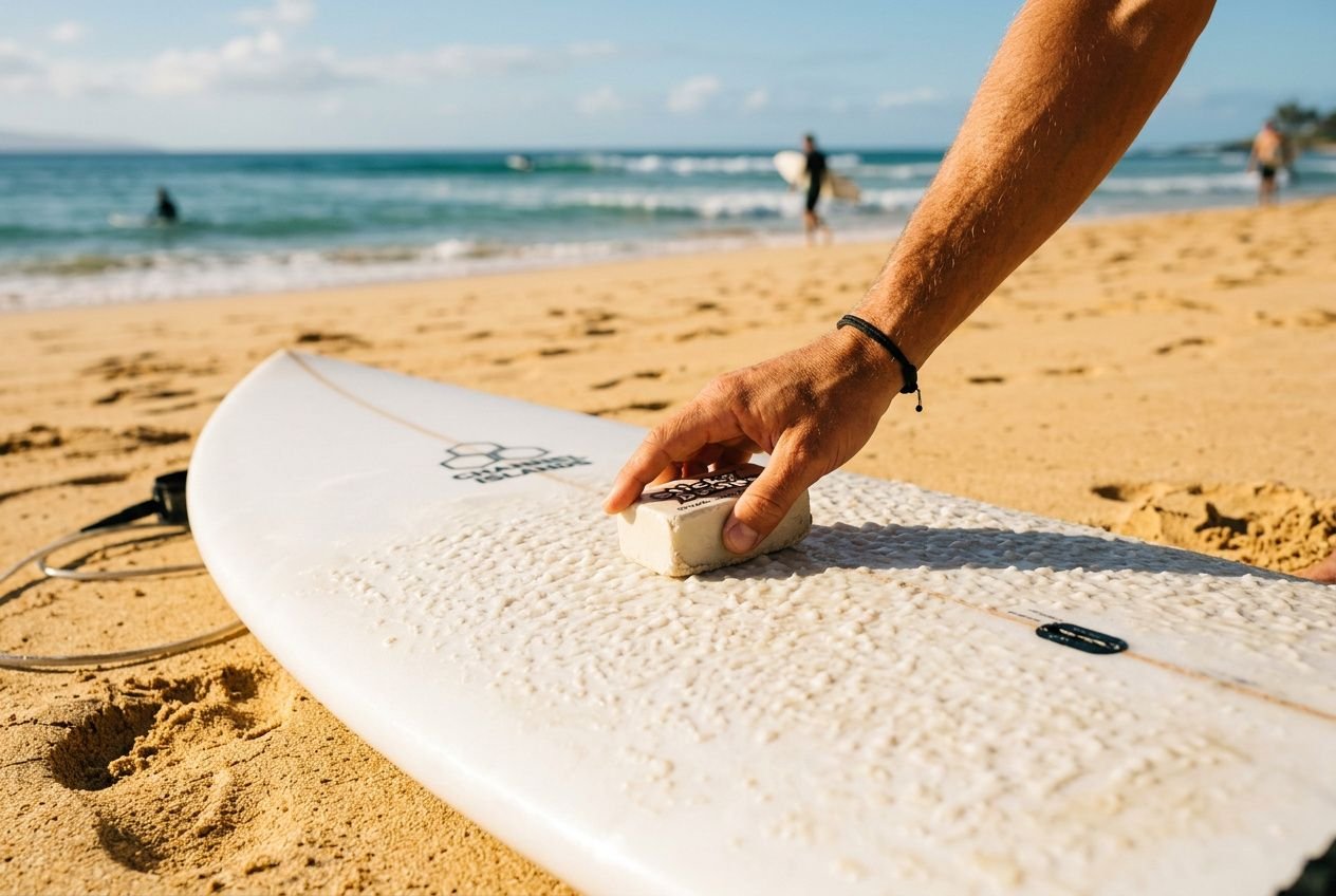 Surfbretthalter am Strand; Person reibt Surfboard-Wachs mit einem Block ein, Wellen im Hintergrund. surfboard wachsen anfänger anleitung integriert.