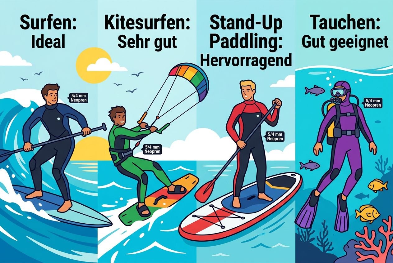 Surfen, Kitesurfen, Stand-Up-Paddling und Tauchen mit 5/4 mm Neopren : Neoprenanzug wassertemperatur 10 grad.