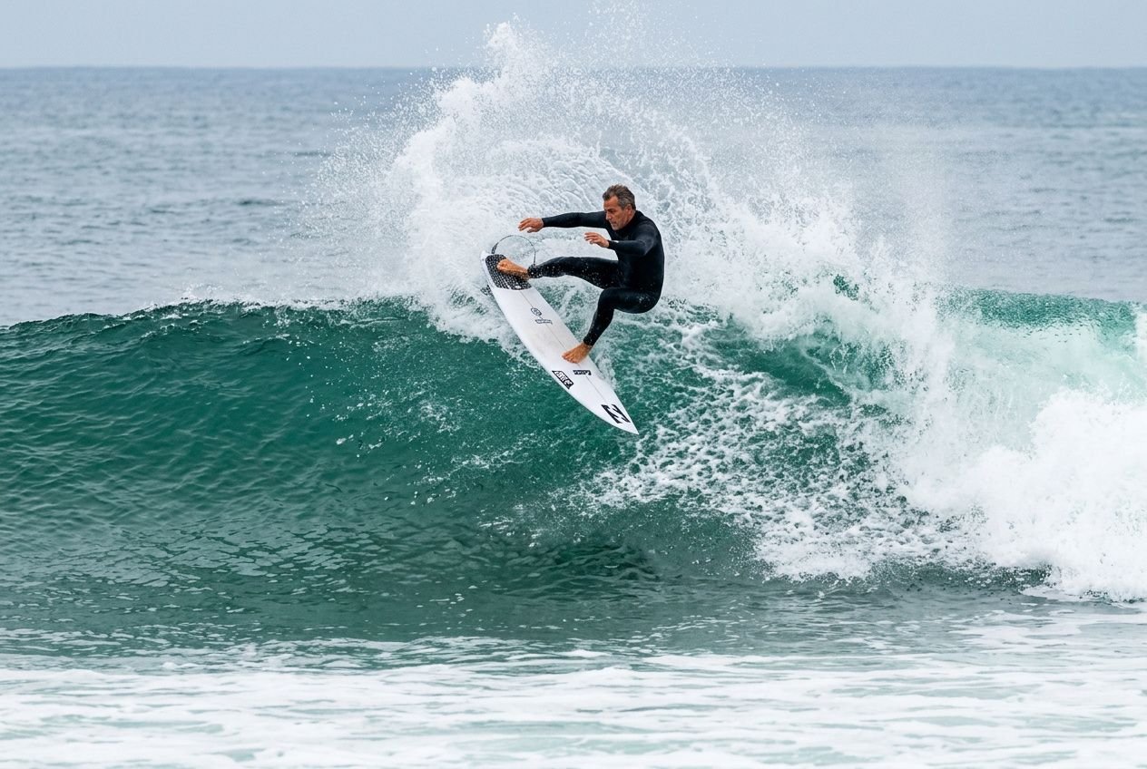 Surfer in a black wetsuit carving a graceful turn on a rolling blue-green wave, spray bursting behind. Is 40 too late to learn to surf? (integrates concept of age and learning).
