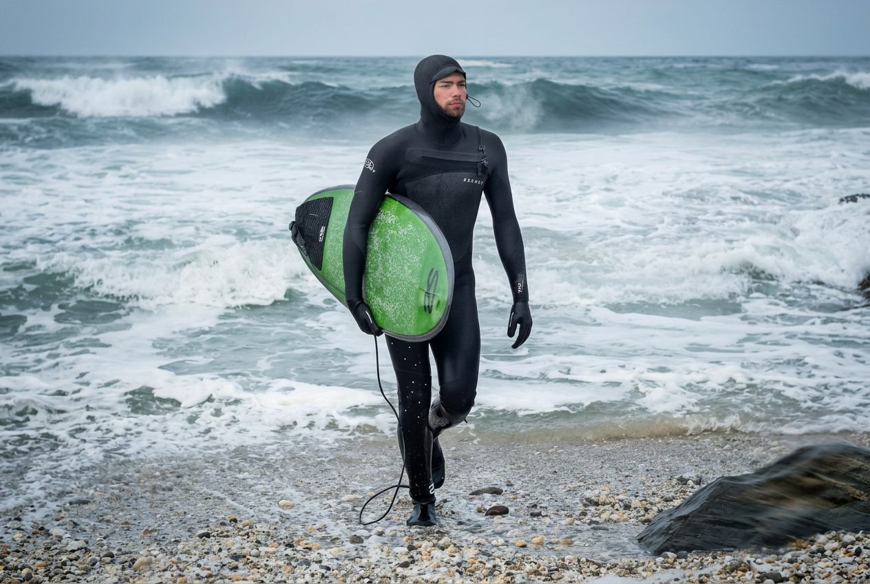 Surfer in a full black wetsuit walks ashore with a green surfboard, waves behind on a rocky beach. How to choose a wetsuit thickness integrated naturally.
