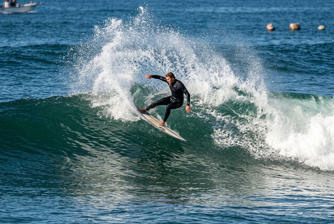 Surfer riding a breaking wave, spray flying as they carve on a longboard in blue water. Is 25 too old to learn surf.