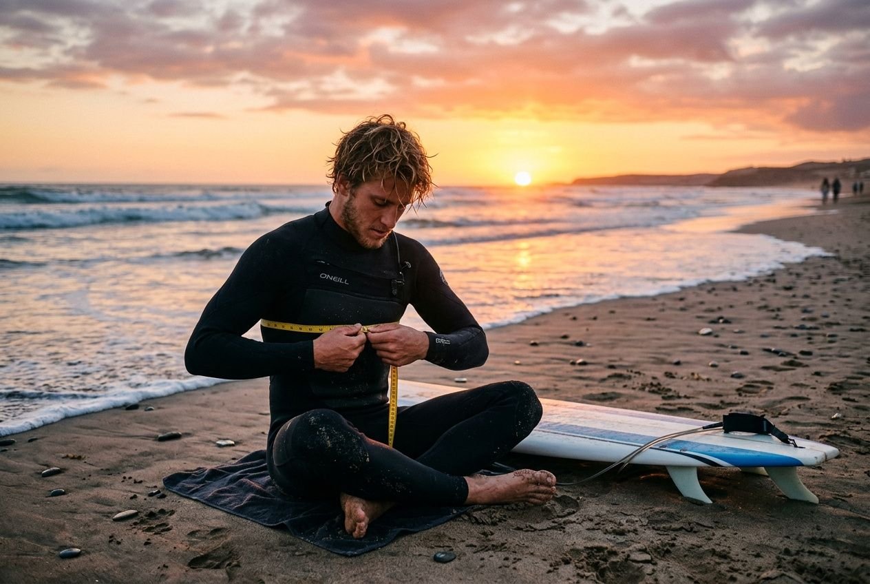 Surfer am Strand beim Messen des Neoprenanzuges; Sunset-Hintergrund, Surfbrett am Rand, eine Person in Neoprenanzug sitzt auf dem Boden und zieht eine Messband um die Brust. neopr... größen tabelle herren integriert? Not include keyword awkwardly. Include exact: "neoprenanzug größentabelle herren" naturally: "Mann mit Neoprenanzug bei der Messung : Teil einer neoprenanzug größentabelle herren-Anleitung". Let's craft: "Mann im Neoprenanzug sitzt am Strand und misst mit einem Tape, während das Surfbrett daneben liegt : Szene aus der neoprenanzug größentabelle herren Anleitung." Keep 125 chars. Let's count roughly. Might be long. We'll produce: "Mann im Neoprenanzug sitzt am Strand und misst mit einem Tape, neben ihm liegt ein Surfbrett : eine Szene aus der neoprenanzug größentabelle herren Anleitung." Mann im Neoprenanzug sitzt am Strand und misst mit einem Tape, neben ihm liegt ein Surfbrett : Szene aus der neoprenanzug größentabelle herren Anleitung.