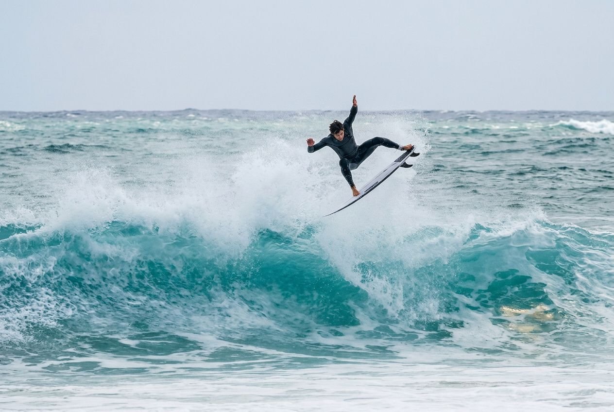 Surfer in a wetsuit launching off a turquoise wave, performing an aerial with spray behind. Integrates the idea of learning to surf at any age.