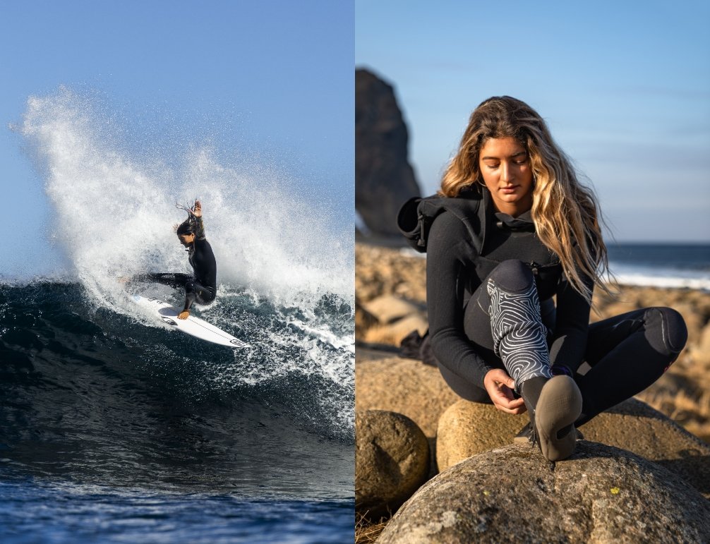 Surfeur en action sur une vague, planche blanche et spray d’eau; et femme assise sur des rochers près de la plage, portant une combinaison noire et zap sur le mollet.