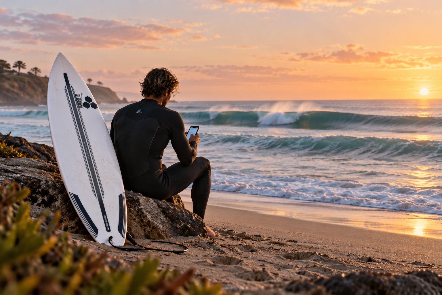Un surfeur en combinaison noire assis sur le sable près d'une planche de surf, regardant son téléphone au bord de la mer au