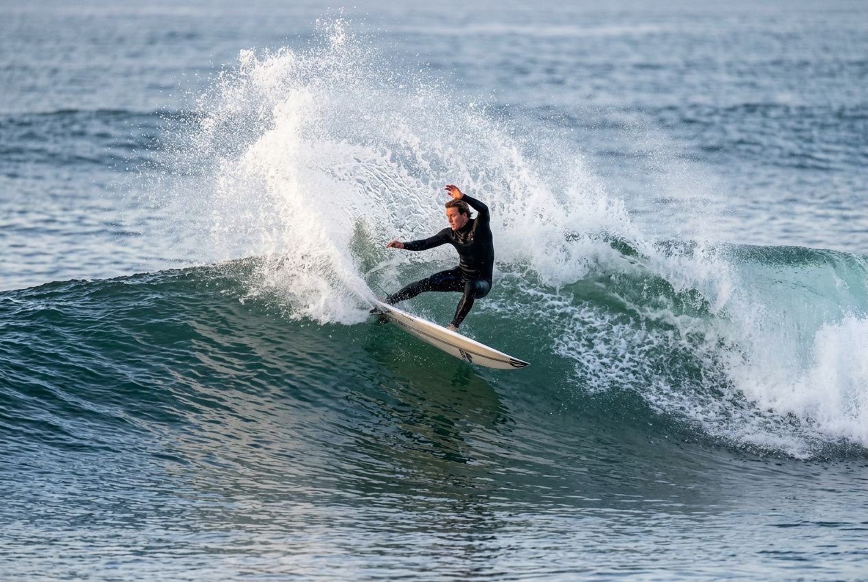 Surfeur en combinaison noire effectuant une manœuvre sur une planche, tranchant une grosse vague avec spray d’eau autour. intégrer le volume de sa planche de surf.