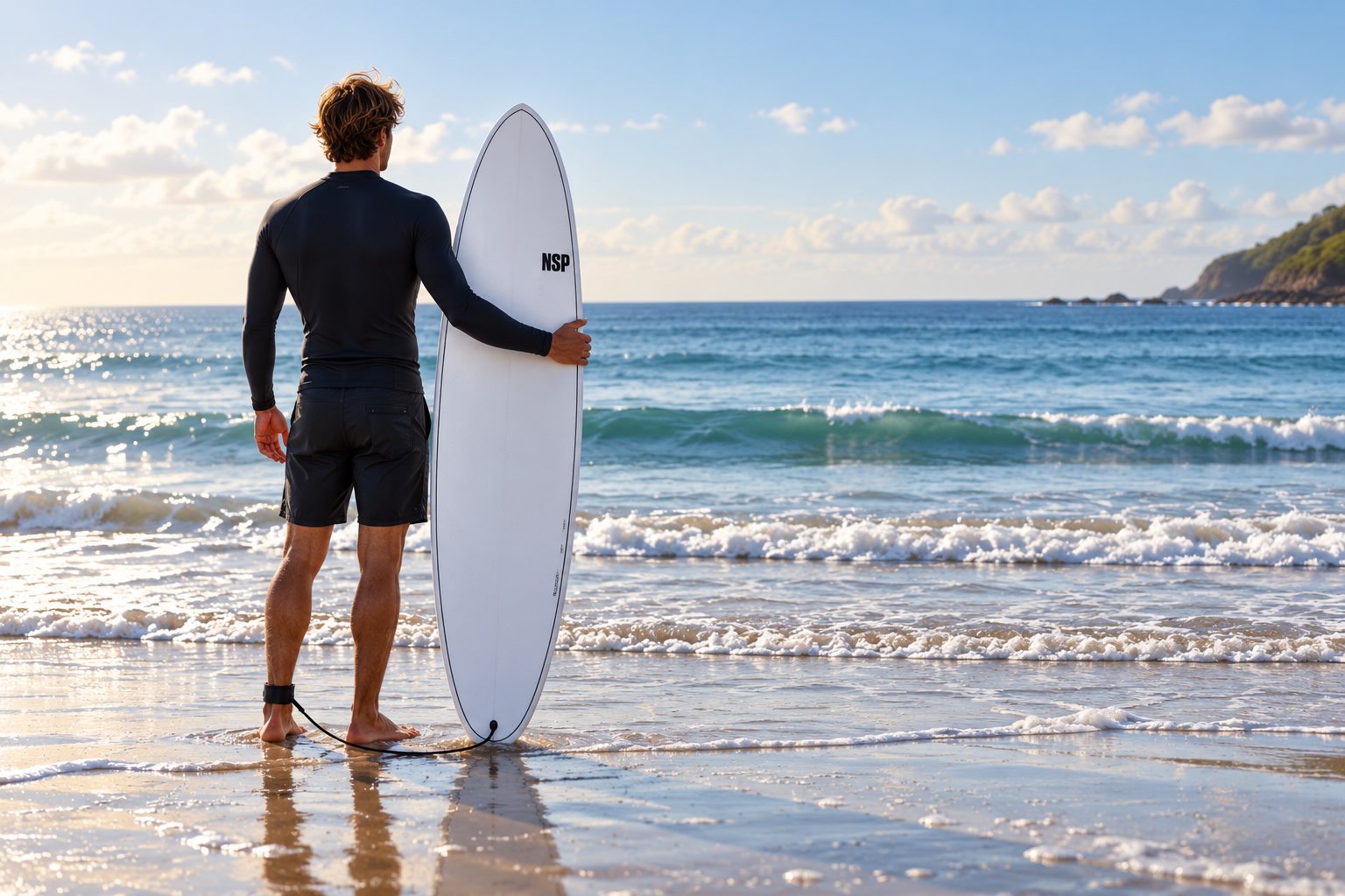 Un surfeur debout sur le rivage tient une planche de surf blanche près des vagues.