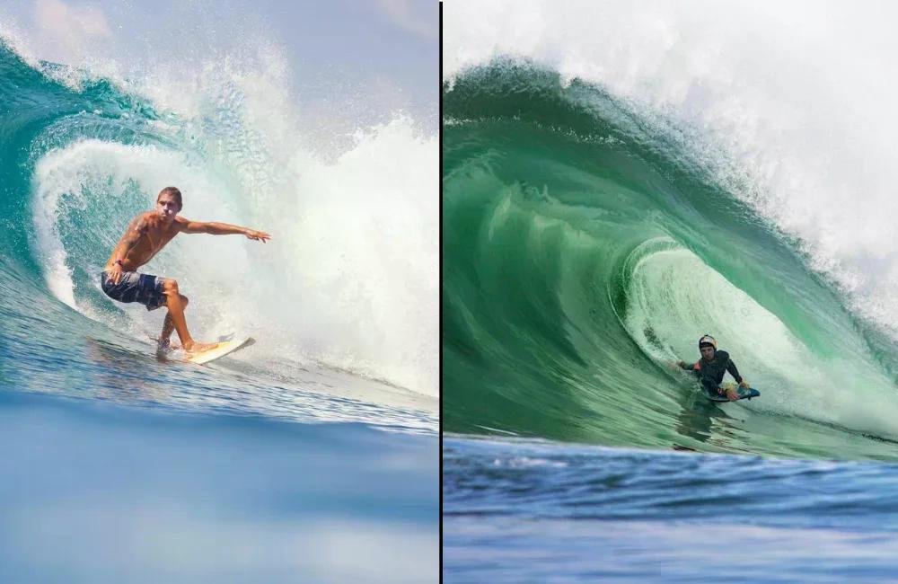 Surfeur sur planche, coté gauche, glisse dans une vague déferlante; côté droit, autre surfeur à l’intérieur d’un tube vert éclatant.