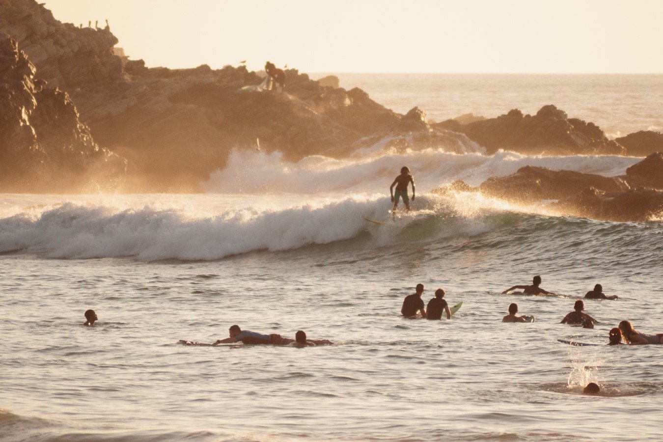 Surfeurs dans une eau dorée au coucher du soleil près des rochers, plusieurs personnes nagent ou se tiennent sur des planches à proximité des vagues.