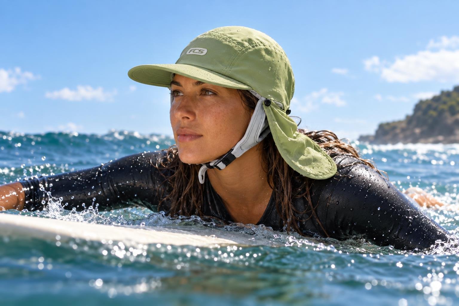 Une surfeuse à l’horizon en mer porte un chapeau dôme léger et une peau clair en route sur l’eau.