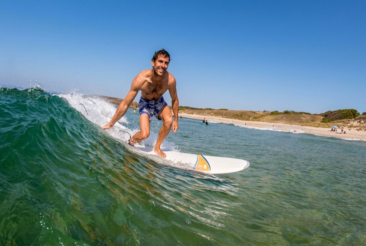 Surfista felice su un'onda: pratica il surf a 40 anni, cavalcando le onde in mare azzurro con la spiaggia sullo sfondo.