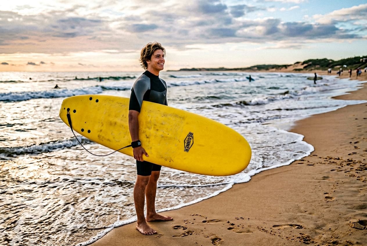 Surfista iniciante na praia segura prancha amarela, pronto para aprender como escolher prancha de surf iniciante.