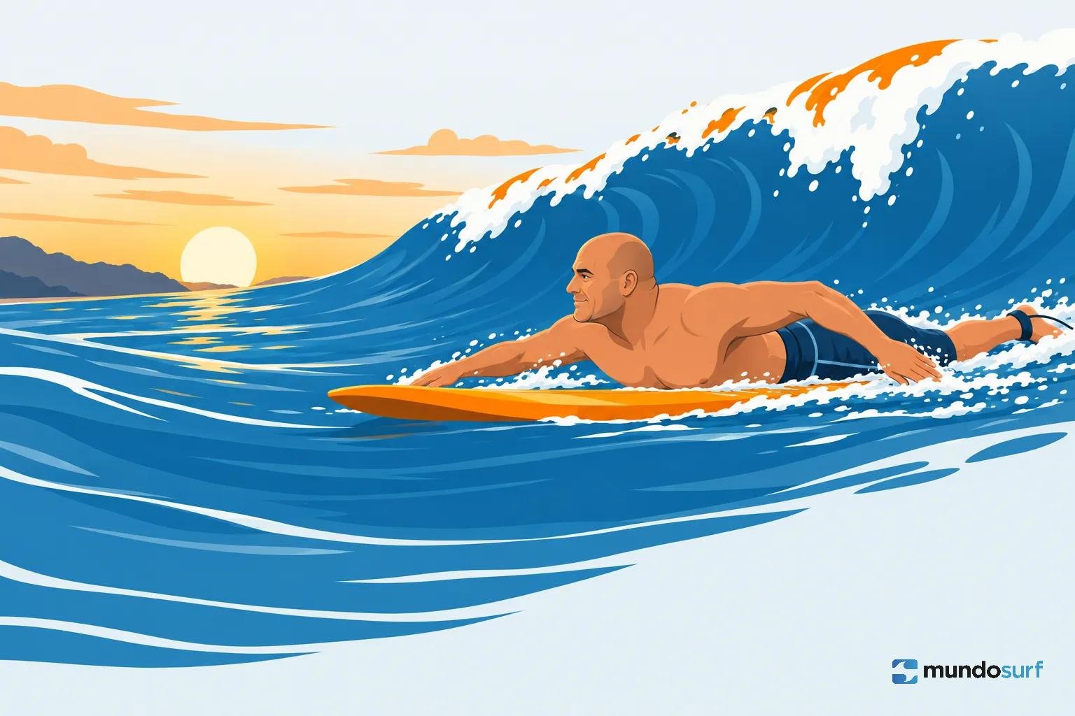Surfista em posição de take-off a rematar na prancha numa onda azul com o pôr do sol no horizonte.