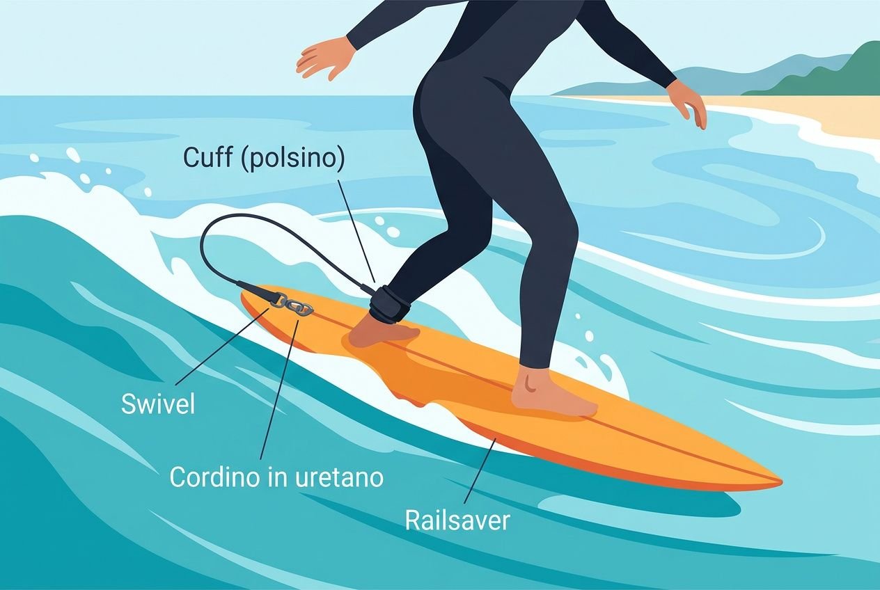 Surfista su tavola con accessori surf essenziali per principianti, mostrati cavazze: leash, cinghia in uretrano, swivel e railsaver in primo piano.