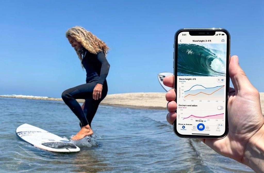 Surfista su tavola corta vicino alla riva con score di altezze onde su smartphone: altezza onde mare, previsioni e mappe.