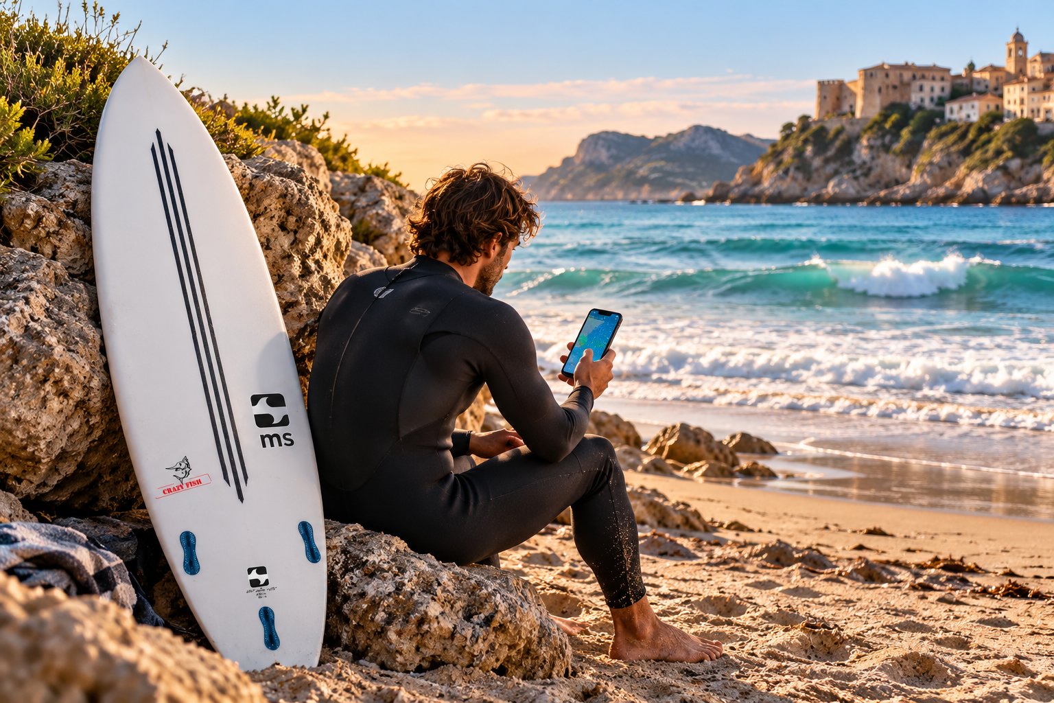 Surfista in tuta nera seduto sulle rocce della spiaggia mentre guarda lo smartphone, con una tavola da surf bianca accanto.