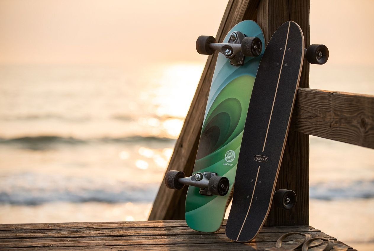 Surfskate allenamento equilibrio: due skateboards appoggiati su un muretto di legno vicino al mare al tramonto, pronti per l’esercizio e l’equilibrio.