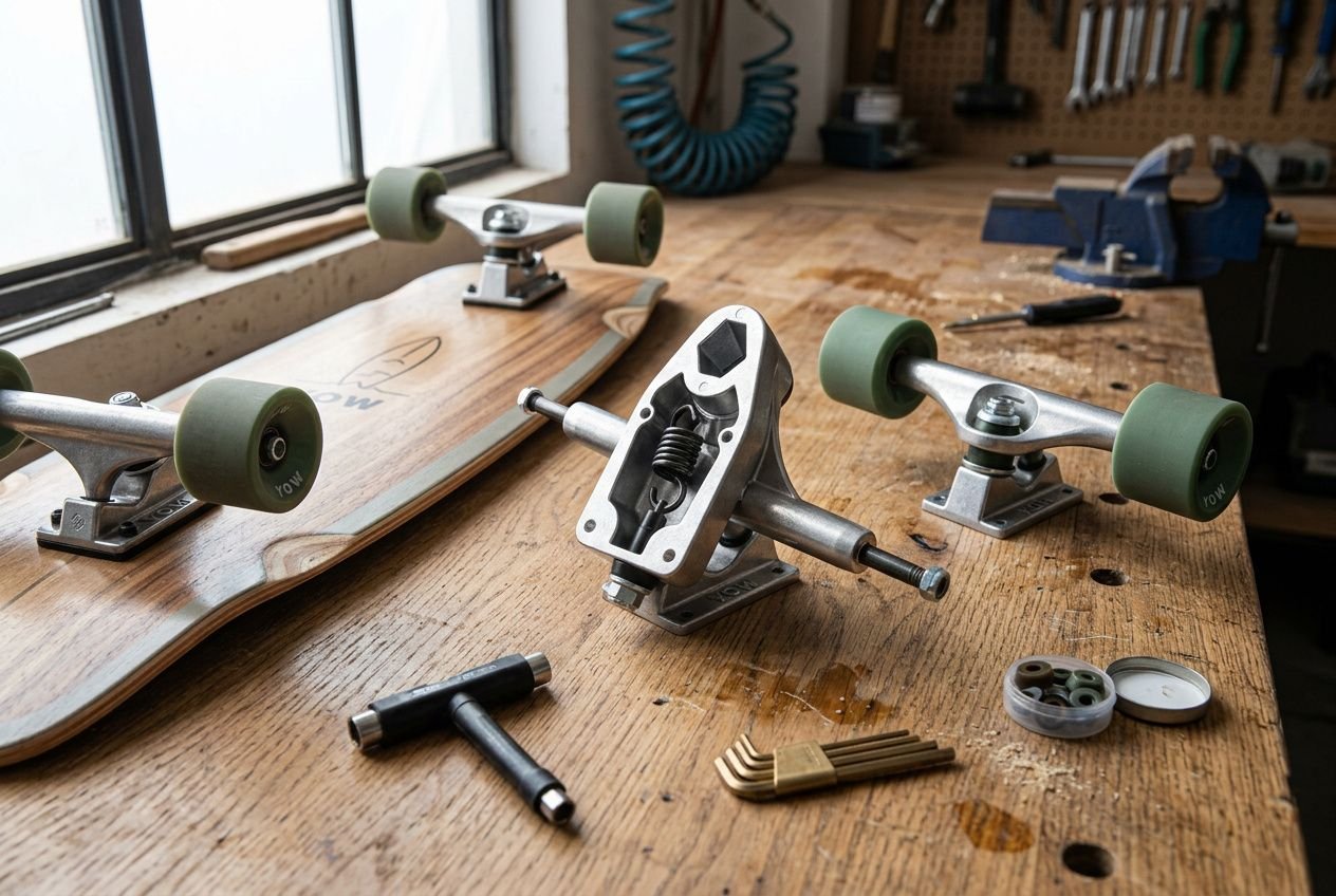 Surfskate größe auswählen: Reparaturwerkstatt mit Skateboards, Werkzeugen und Achsdetails auf einem Holztisch.