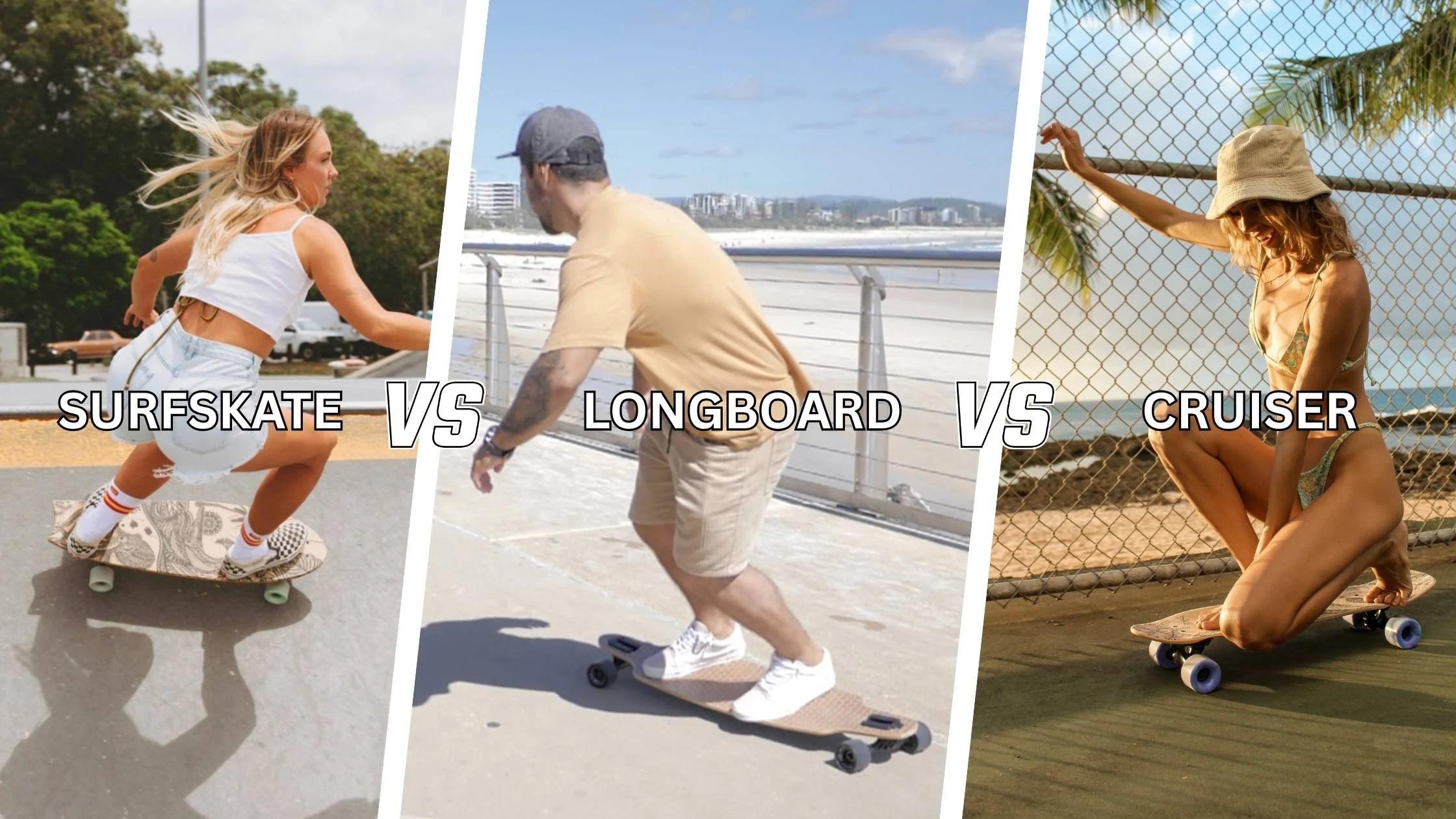 Surfsport-Szene mit drei Panels: Surfskate, Longboard und Cruiser im Vergleich, jeweils eine Person auf dem Brett an unterschiedlichen Orten.