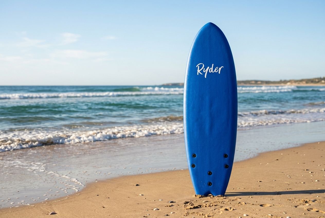 Tabella descrittiva: una tavola da surf blue con la scritta "Ryder" piantata sulla spiaggia mentre arriva l’oceano, inizio perfetto per i vantaggi del surf a 40 anni.