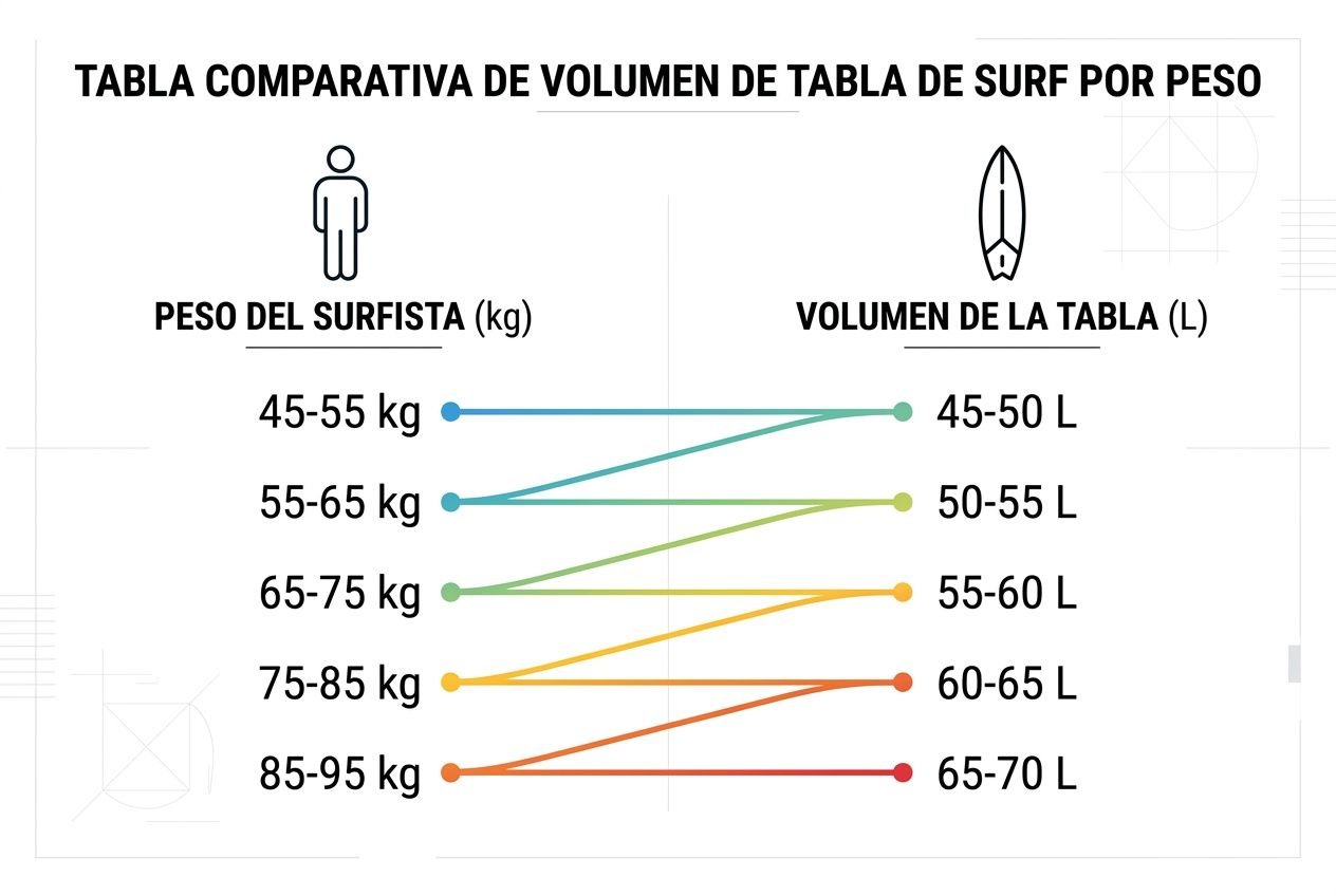 Tabla comparativa de volumen de tabla de surf por peso: muestra rangos de peso (kg) y volumen (L) correspondientes para principiantes.