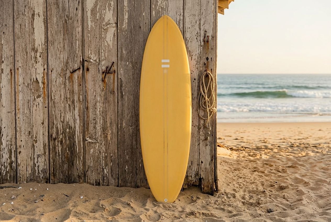 Tabla de surf amarilla apoyada contra una pared de madera en la playa, con el mar y la arena al fondo. ¿qué necesito para empezar a surfear?