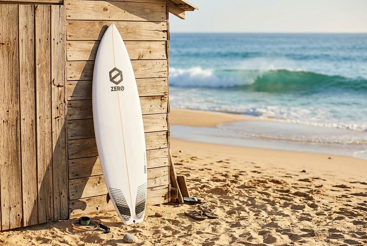 Tabla de surf apoyada junto a una cabaña en la playa, con el mar y las olas al fondo.