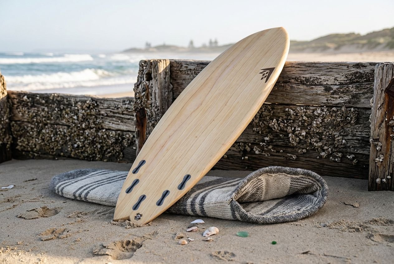 Tabla de surf apoyada en la playa con funda acolchada y manta, listos para proteger la tabla de surf. Cómo se llama la funda de tabla de surf.