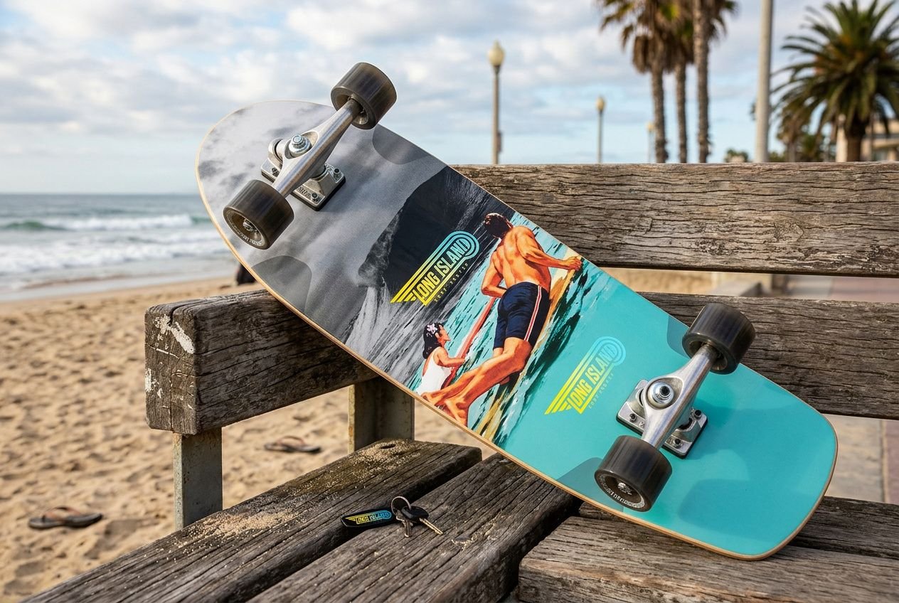 Tabla de surfskate apoyada en banco de madera en la playa, con llantas y gráfico retro; contexto de diferencia entre surfskate y skateboard.