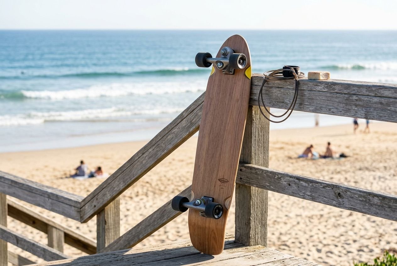 Tabla de surfskate apoyada en una baranda de madera junto a la playa, con el mar y gente relajada al fondo. Cómo empezar a practicar surfskate encaja de forma natural.
