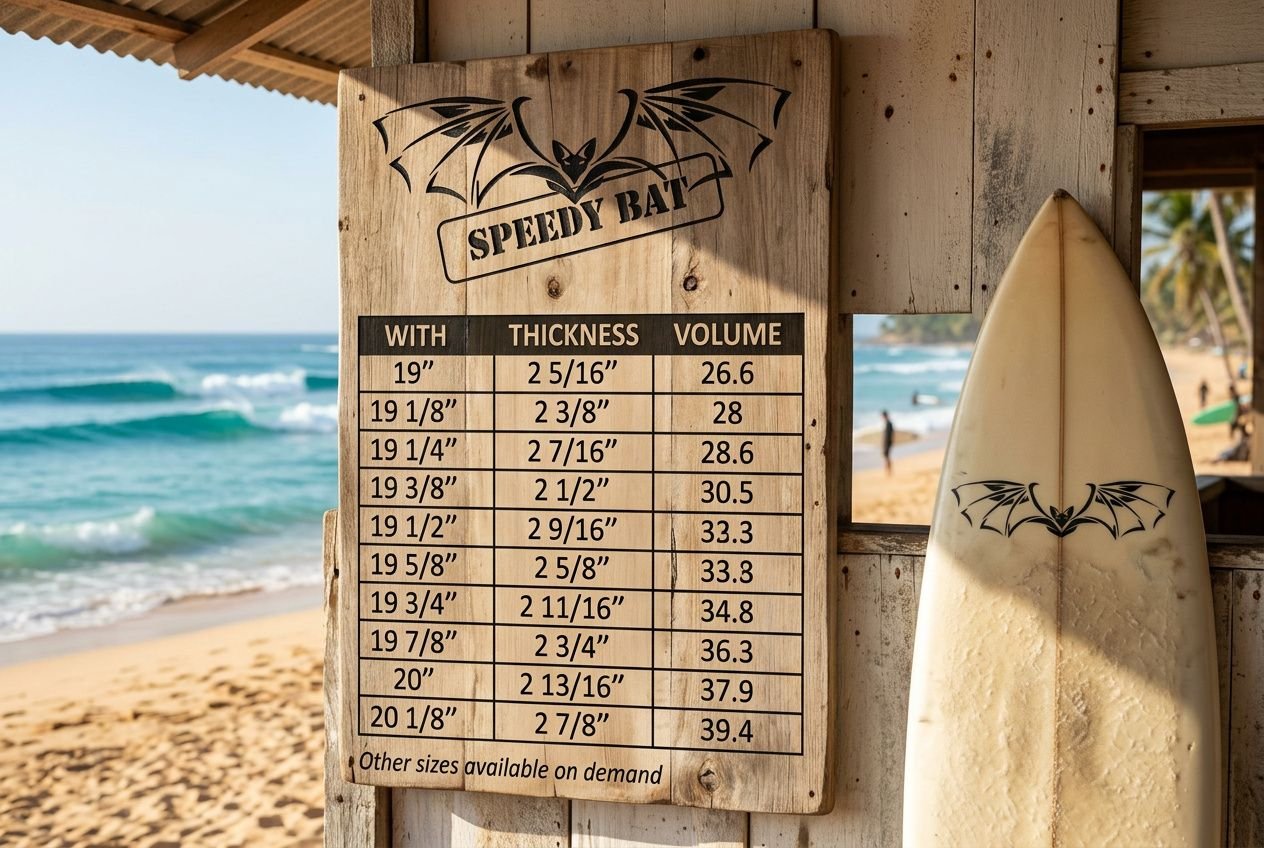 Tableau affichant les volumes de planches Speedy Bat selon les épaisseurs et largeurs sur une plage, avec une planche de surf à droite. Le titre du tableau "VOLUME" et les chiffres montrent le litrage possible. Intègre le mot-clé naturellement: "comment choisir le volume de sa planche de surf" dans la description.