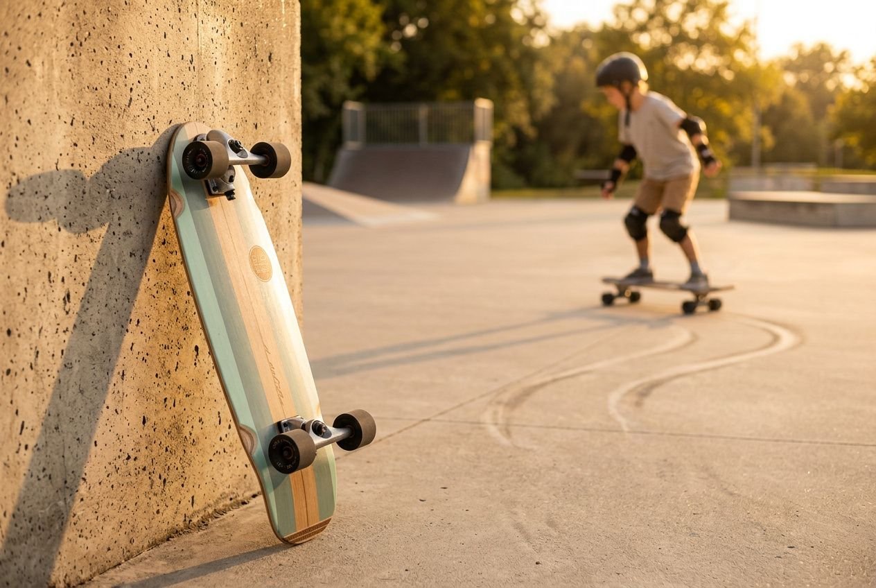 Tabuleiro de surfskate encostado em uma parede de concreto, com roldanas e rodas visíveis; pessoa praticando ao fundo em pista, sob iluminação de fim de tarde. Como aprender surfskate, guia para iniciantes.