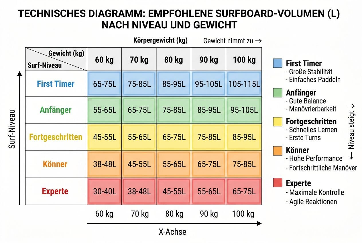 Technisches Diagramm: empfohlene Surfboard-Volumen nach Level und Gewicht, farbcodierte Stufen von Anfänger bis Experte mit Tabellenwerten. Surfbrett volumen berechnen als Hauptthema erkennbar.